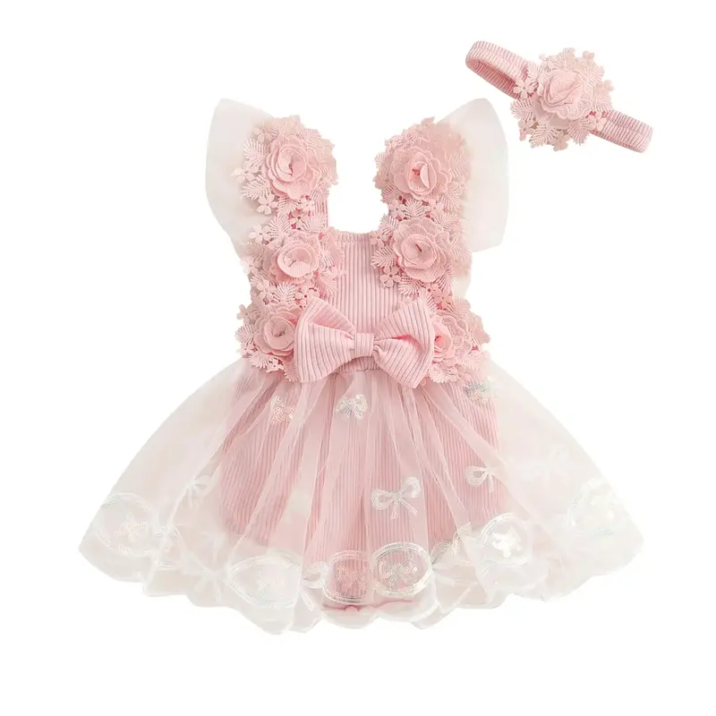 Baby Girls Rompers Dress Flower Embroidery Sequins Bow Tulle Skirt Hem Jumpsuits Summer Bodysuits with Headband
