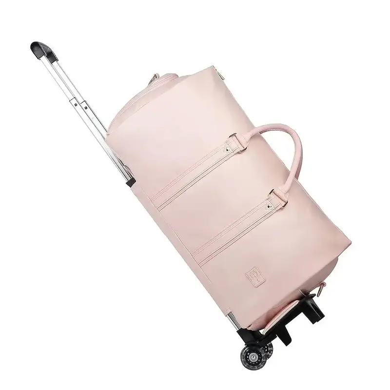 SEYFOCNIA Pink PU Leather Rolling Garment Bag with Wheels Unisex Travel Bag Expandable Multifunctional Duffle Bag for Weekend...