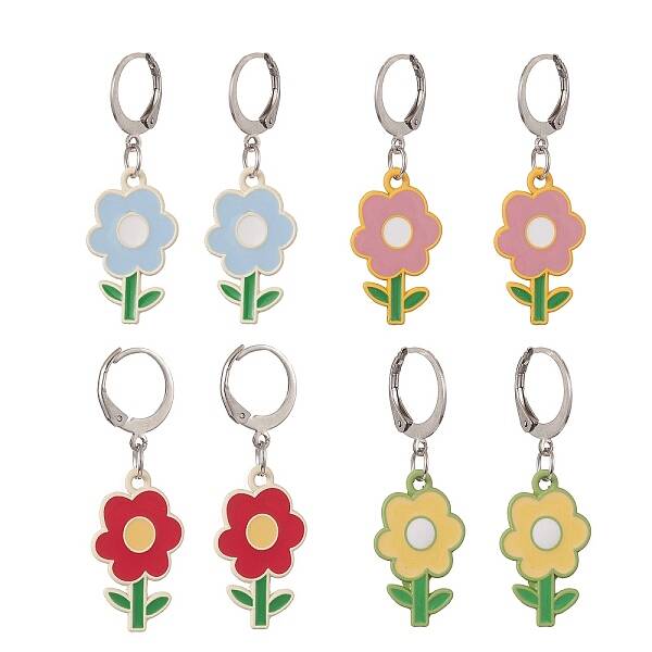 4 Pair 4 Color Alloy Enamel Flower Dangle Leverback Earrings