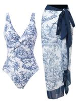 Women's All Over Print One-piece Swimsuit & Cover Up Skirt Set, Casual Fashion Chic Swimwear Set for Beach Holiday Vacation, ...