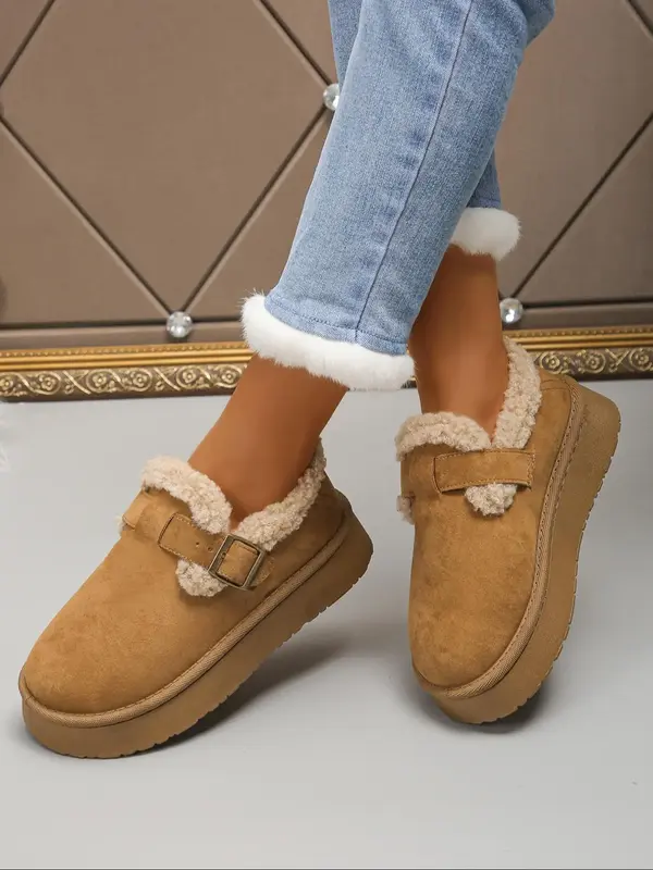 Women's Solid Color Belted Fuzzy Lined Snow Boots, Casual Warm Ankle Boots for Winter, Female All-match Round Toe Shoes for D...