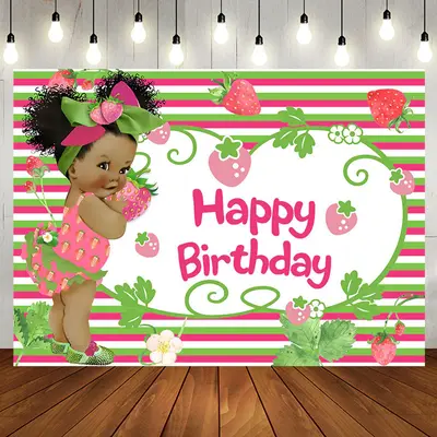 Aperturee Green Pink Stripe Strawberry Girl Birthday Backdrop - Aperturee