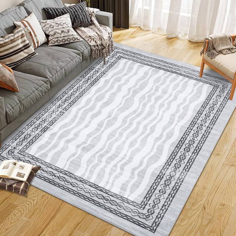 Garvee 8x10 Modern Bordered Area Rug - Low Pile, Machine Washable - Faux Wool, Non-Slip, Stain Resistant - Living Room, Bedro...