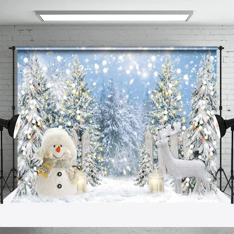Glitter Light Snowy Tree Snowman Elk Winter Backdrop - Aperturee