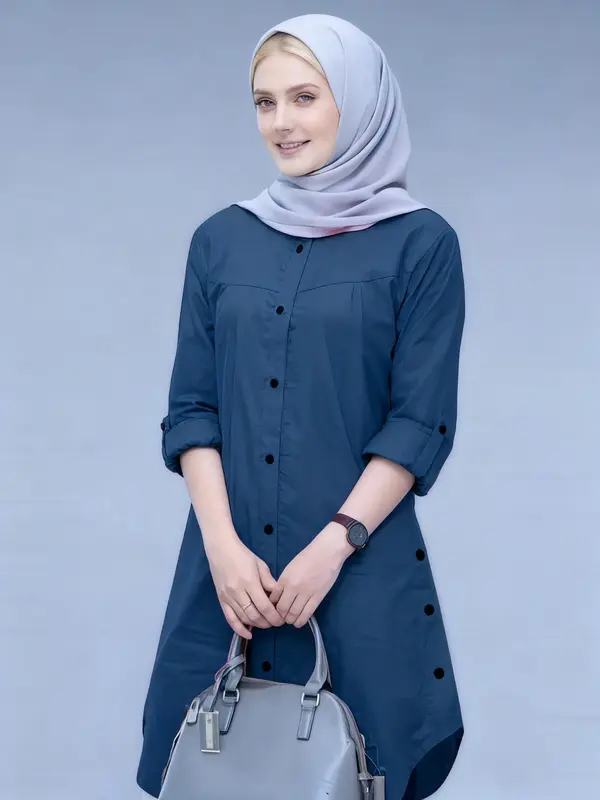 Women's Plain Buttons Round Neck Shirt, Casual Long Sleeve Blouse for Daily Wear, Ladies Clothes for All Seasons