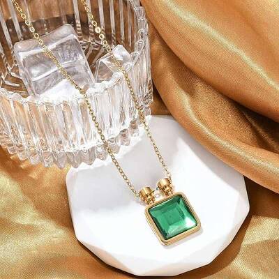 Square 304 Stainless Steel Green Glass Pendant Necklaces