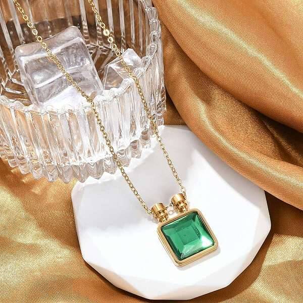 Square 304 Stainless Steel Green Glass Pendant Necklaces
