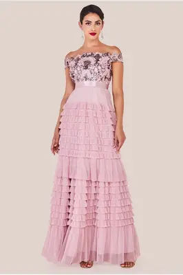 Goddiva Scallop Bardot Ruffle Mesh Maxi - Blush