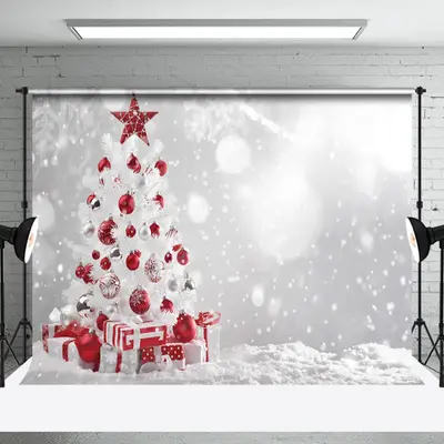 Aperturee Red White Bauble Pine Tree Bokeh Christmas Backdrop - Aperturee