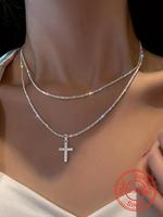 925 Sterling Silver Glitter Cross Pendant Necklace for Women, Gifts for Girlfriend, Fashion Double Layered Jewelry for Party...