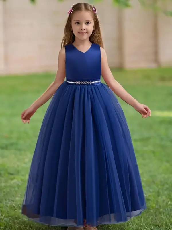 Girl's Rhinestone Decor Big Bow Design Contrast Mesh A Line Dress, Elegant Sleeveless Zipper Back Dress for Party Performance...