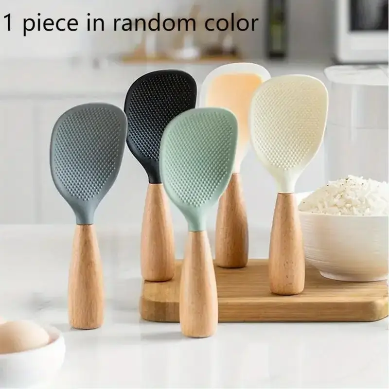 Random Color Wooden Handle Silicone Rice Spoon, Simple Durable Heat-resistant Spoon for Rice Cooker, Practical Kitchen Tools ...