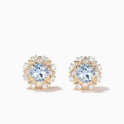 Round Cut Aquamarine Stud Earrings Diamond Cluster Flower Earrings