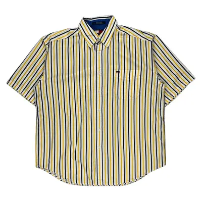 Tommy Hilfiger Striped Short Sleeve Shirt - Large Yellow Cotton