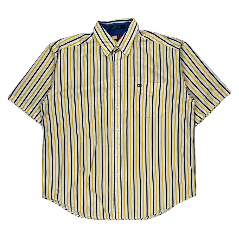 Tommy Hilfiger Striped Short Sleeve Shirt - Large Yellow Cotton