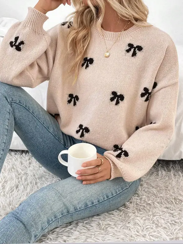 Women's Bow Pattern Drop Shoulder Sweater, Casual Long Sleeve Round Neck Jumper for Fall & Winter, Fashion Ladies' Knitwear f...