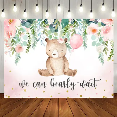Aperturee We Can Bearly Wait Pink Floral Baby Shower Backdrop