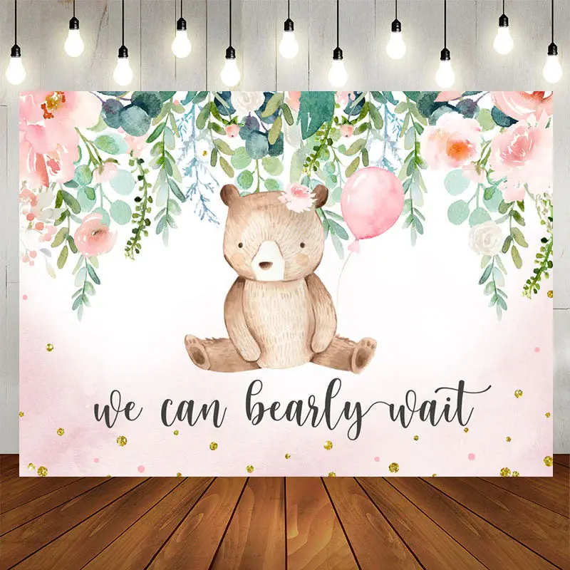 Aperturee We Can Bearly Wait Pink Floral Baby Shower Backdrop