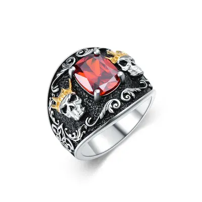 Sterling Silver Two-tone Cushion Cut Red Cubic Zirconia Crown Skull Ring for Men