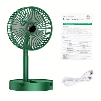 Green Portable Foldable Floor Fan with Built-in USB Charging Retractable Desk Fan ABS Material Touch Button Control Three-Spe...