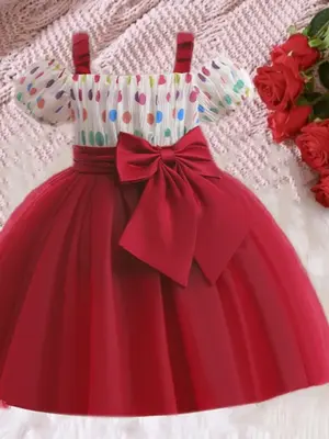 Girl's Patchwork Polka Dot Print Bow Front Cold Shoulder Tulle Dress, Elegant Puff Sleeve High Waist Fit & Flare Dress for Pa...