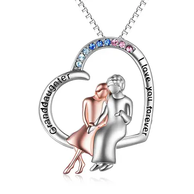 Sterling Silver Two-tone Circular Shaped Cubic Zirconia Grandmother & Heart Pendant Necklace with Engraved Word