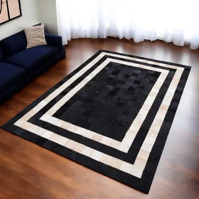 Cream Cowhide Patchwork Rug with Black Frame