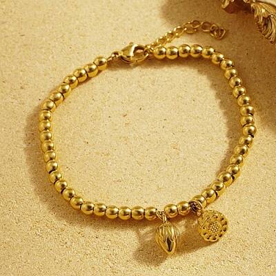 Stainless Steel Lotus Flower Charm Bracelet with Round Beaded