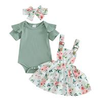 Infant Baby Girls Summer Clothes Sets Cute Ruffle Short Sleeve Ribbed Romper Tops Layered Suspender Dresses Bow Headband 3PCS...