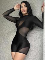Women's Contrast Mesh Sheer Mock Neck Skinny Romper, Fashion Chic Slim Long Sleeve Tulle Romper for Daily Wear, Ladies Clothe...