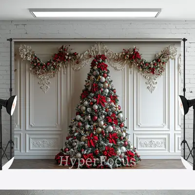 White Luxury Wall Red Bow Tie Tree Christmas Backdrop - Aperturee