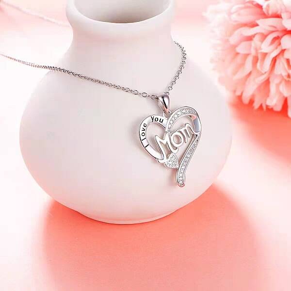 Mother's Day Brass Micro Pave Clear Cubic Zirconia I Love You Mom Heart Pendant Necklaces for Women