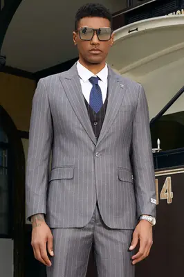 Mens Stacy Adams Suit -Stacy Adams Men's Modern Grey Pinstripe Vested Suit - One Button
