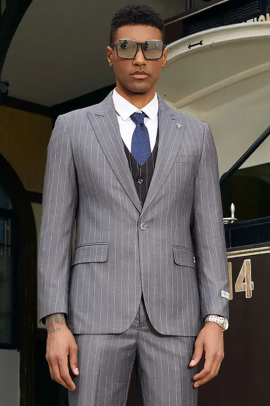 Mens Stacy Adams Suit -Stacy Adams Men's Modern Grey Pinstripe Vested Suit - One Button
