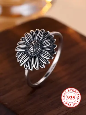 S925 Sterling Silver Sunflower Design Unique Rings, Elegant Everyday Ring, Fashion Accessories for Women & Men, Trendy All-ma...