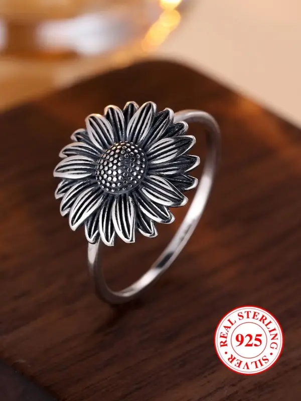 S925 Sterling Silver Sunflower Design Unique Rings, Elegant Everyday Ring, Fashion Accessories for Women & Men, Trendy All-ma...