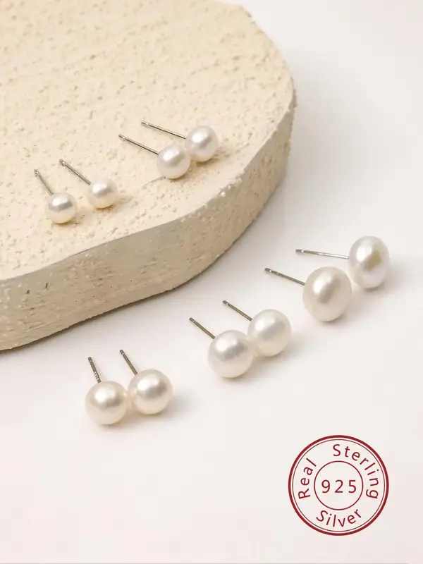 S925 Sterling Silver Freshwater Pearl Earrings, Fashionable Stud Earrings for Women & Girls, Trendy All-match & Exquisite Jew...