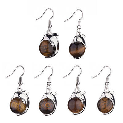 Natural Tiger Eye Dolphin Dangle Earrings with Crystal Rhinestone