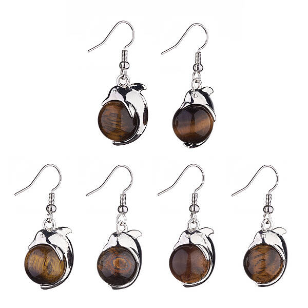 Natural Tiger Eye Dolphin Dangle Earrings with Crystal Rhinestone