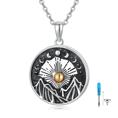 Sterling Silver Tri-tone Moon & Mountains Urn Necklace for Ashes