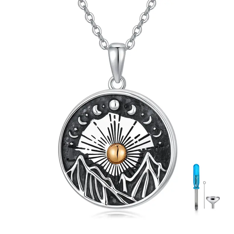 Sterling Silver Tri-tone Moon & Mountains Urn Necklace for Ashes