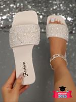 Women's Fashionable Glitter Decorated Slides, Rhinestone Sandals, Sparkly Party Shoes, Casual Comfortable Flat Sandals for Be...