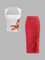 Women's Floral Print Tank Top & Skirt Two-piece Set, Elegant Chic Fashion Casual Two Piece Outfits for Daily Outdoor Wear, Ou...