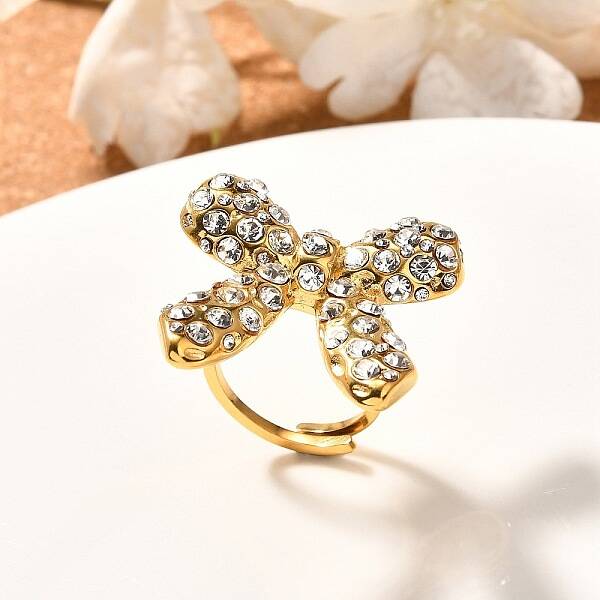 Bowknot 304 Stainless Steel Rhinestone Cuff Rings for Women