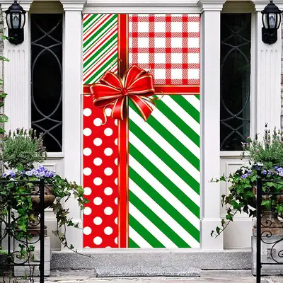 Red Green Stripe Gifts Bow Tie Christmas Door Cover