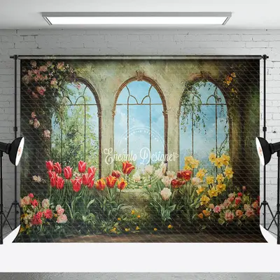 Vintage Green Mural Window Floral Spring Backdrop - Aperturee