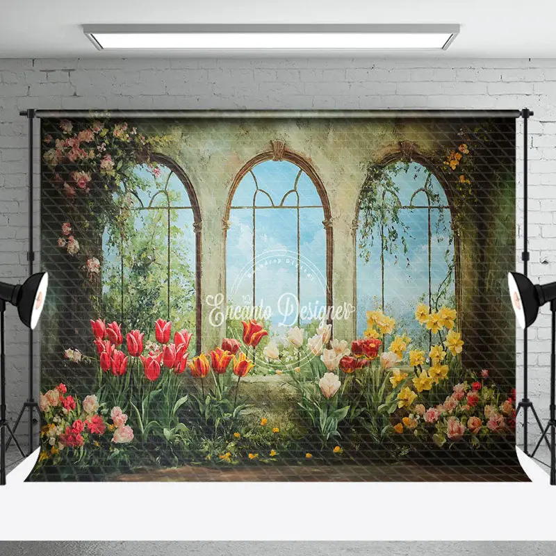 Vintage Green Mural Window Floral Spring Backdrop - Aperturee