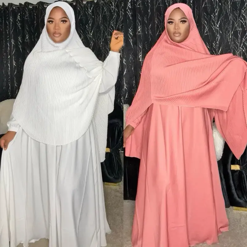 Khimar Jilbab Dress - Two Pieces in White & Pink, Long Sleeves, Comfortable Fit, Versatile Style for Women