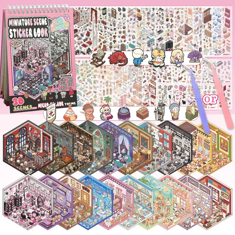 3D Scene Sticker Book, 20 Sets Miniature Scene Card & 1 Count Tweezers, Creative Scene Sticker Book, Scrapbooking Crafting Ki...