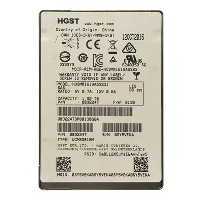 HUSMR1619ASS231 HGST Ultrastar SSD1600MR Series 1.92TB Multi-Level Cell SAS 12Gb/s Read Intensive (TCG Encryption) 2.5-inch S...